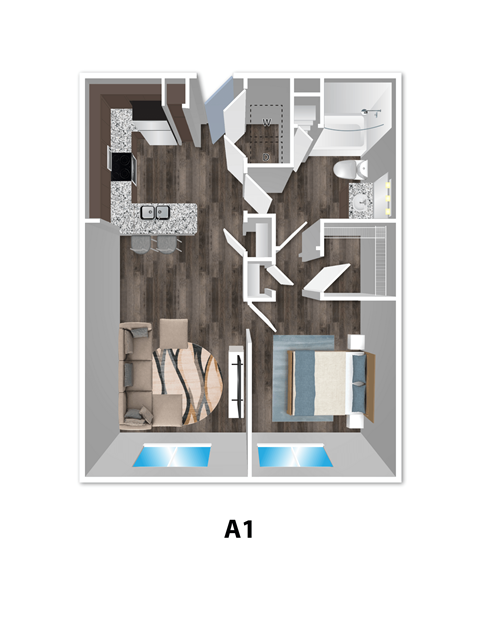 Floor plan for 1 bed, 1 bath, 754 sqft